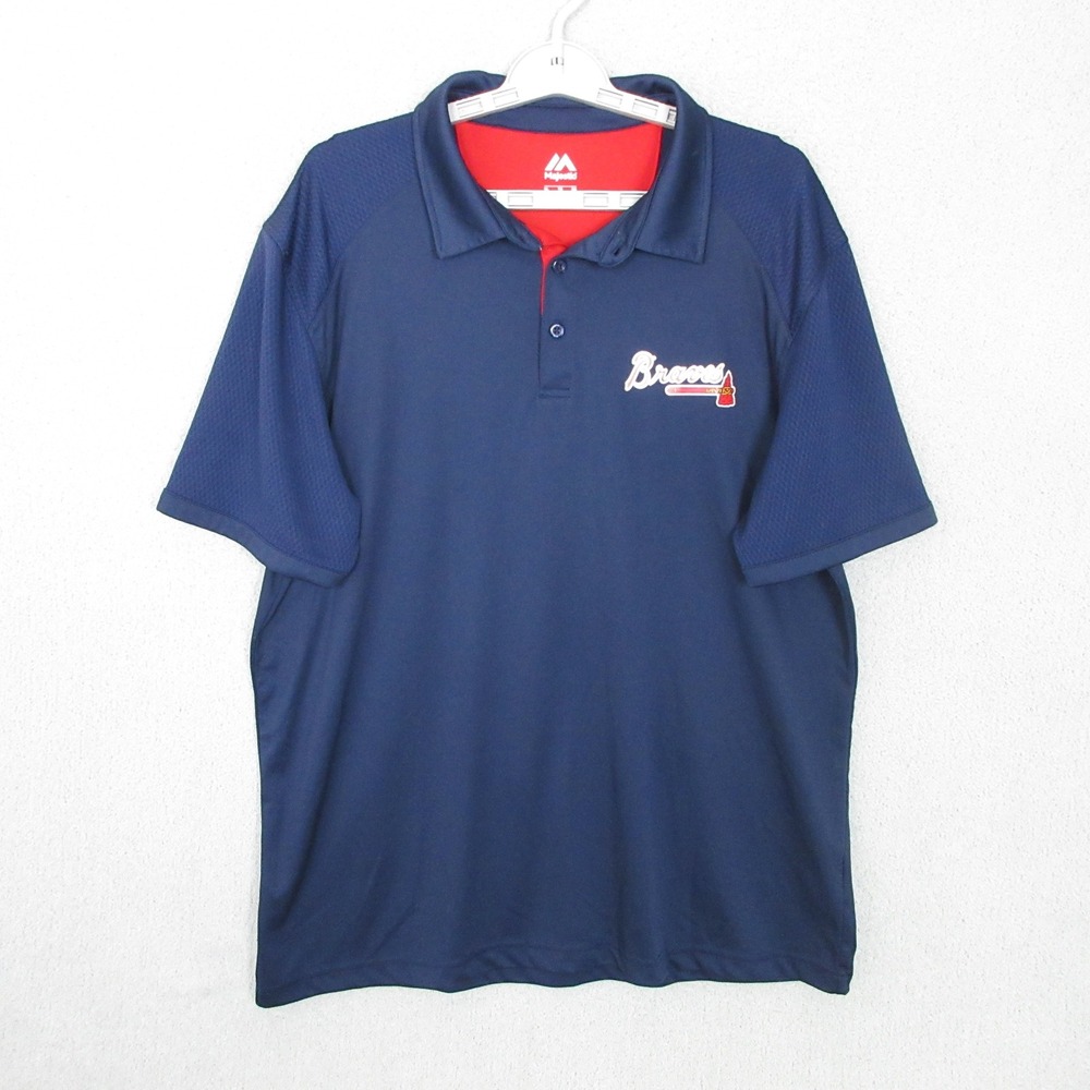 Majestic Polo Shirt Men XL Navy Blue Atlanta Braves MLB Embroidered Mesh Panel